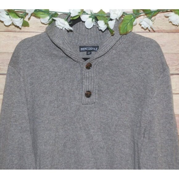 Men’s J. CREW Gray Pullover Sweater L Shawl Cowl Neck 1/4 Button Lambs Wool - Picture 2 of 10